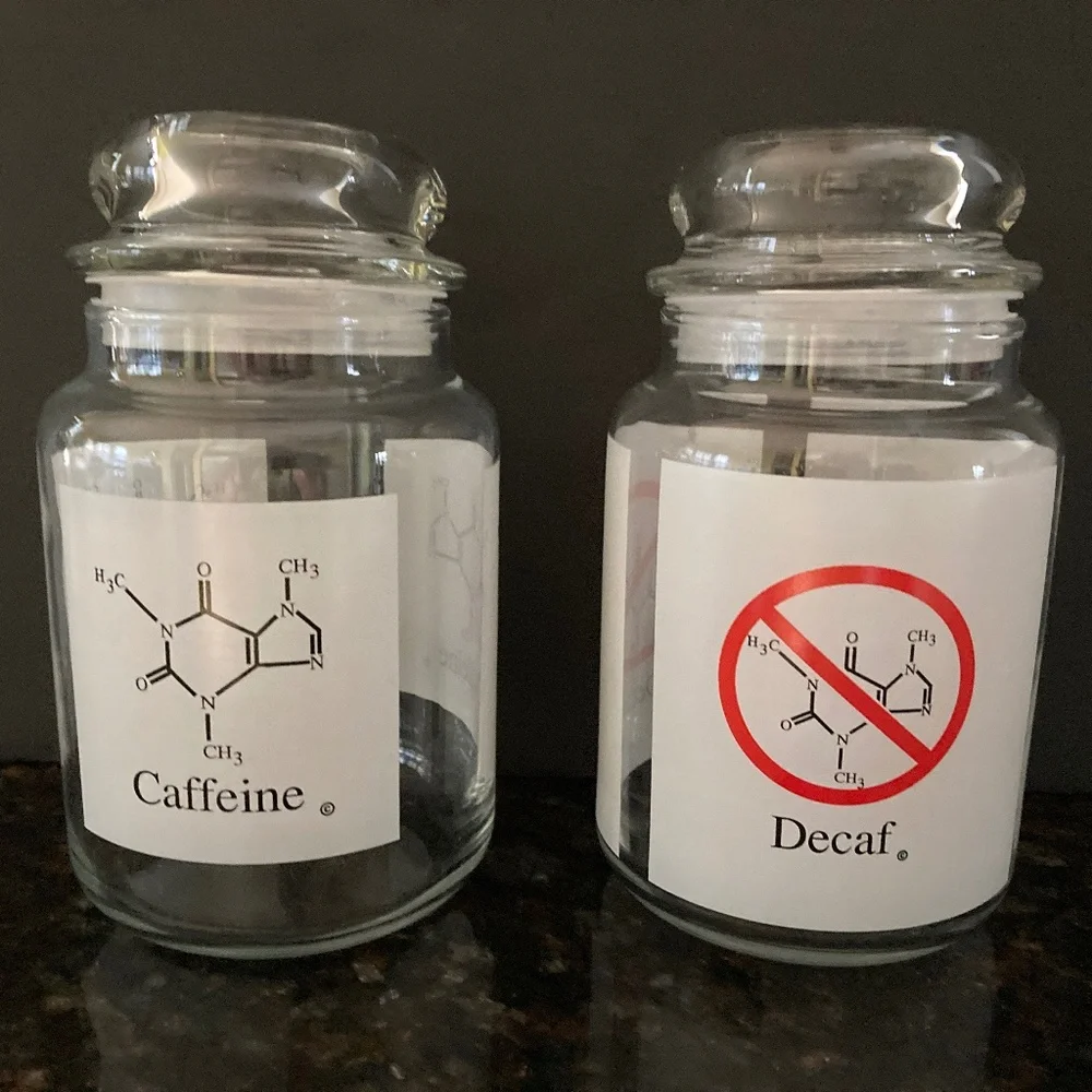 Glass Jar Containers for Caffeine & Decaf Coffee Beans/Grounds/Chemical Symbols